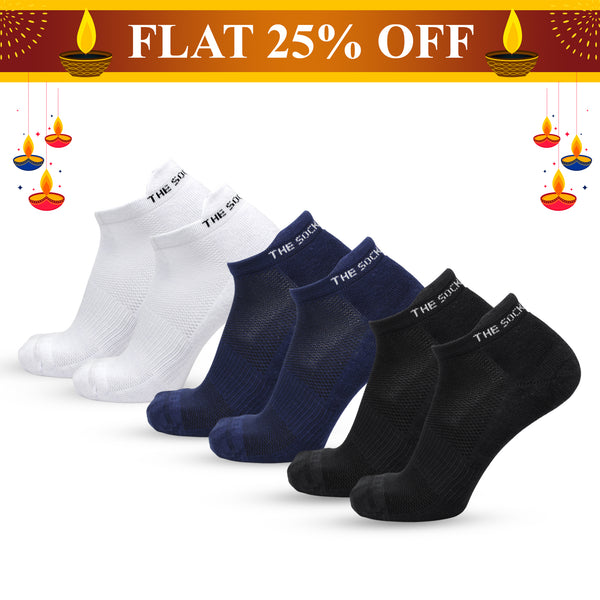 Bamboo Low Ankle Socks- Pearl White/Blue/Black (3 Pair Combo)