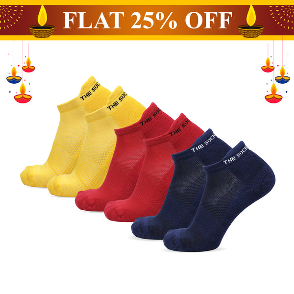 Bamboo Low Ankle Socks- Yellow, Red, Blue (3 Pair Combo)