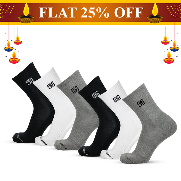 Men Sports Cushioned Crew Socks- Black/White/Grey (6 Pair Combo)