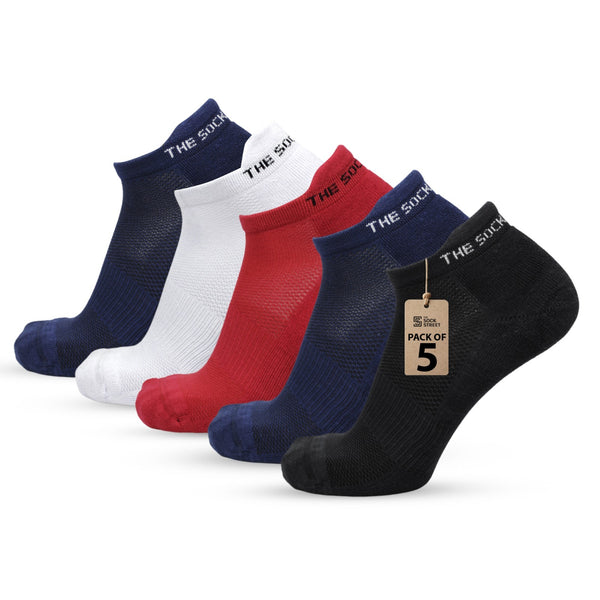 Bamboo Low Ankle Socks- Navy/White/Red/Navy/White (5 Pair Combo)