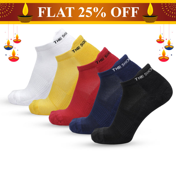 Bamboo Low Ankle Socks- Pearl White/Yellow/Red/Blue/Black (5 Pair Combo)