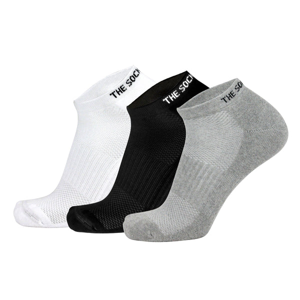 Men Sports Cushioned Ankle Socks- White/Black/Grey (3 Pair Combo)