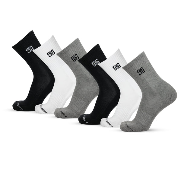 Men Sports Cushioned Crew Socks- Black/White/Grey (6 Pair Combo)